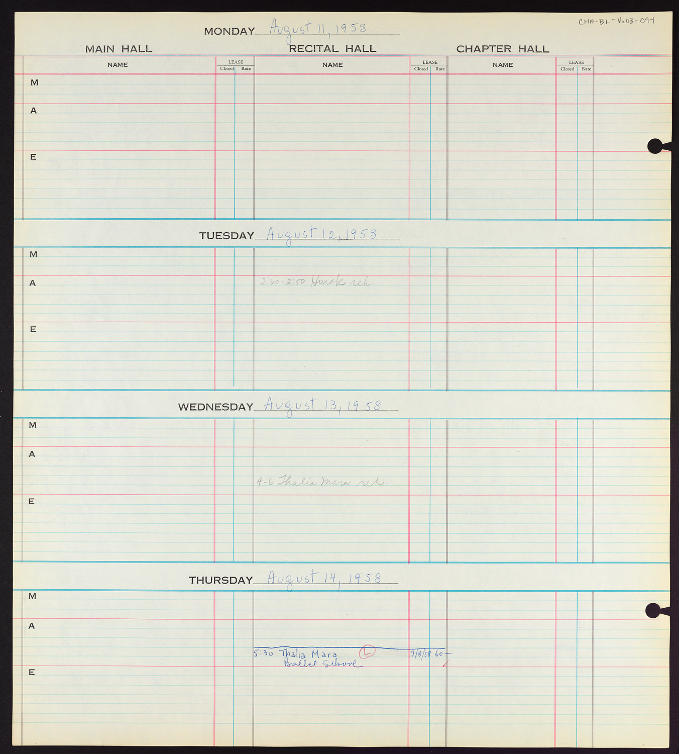 Carnegie Hall Booking Ledger, volume 3, page 94