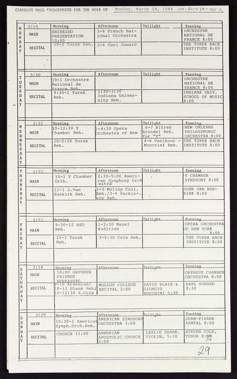 Carnegie Hall Booking Ledger, volume 29, page 62a