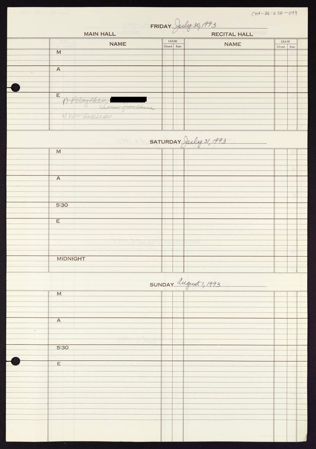 Carnegie Hall Booking Ledger, volume 38, page 99