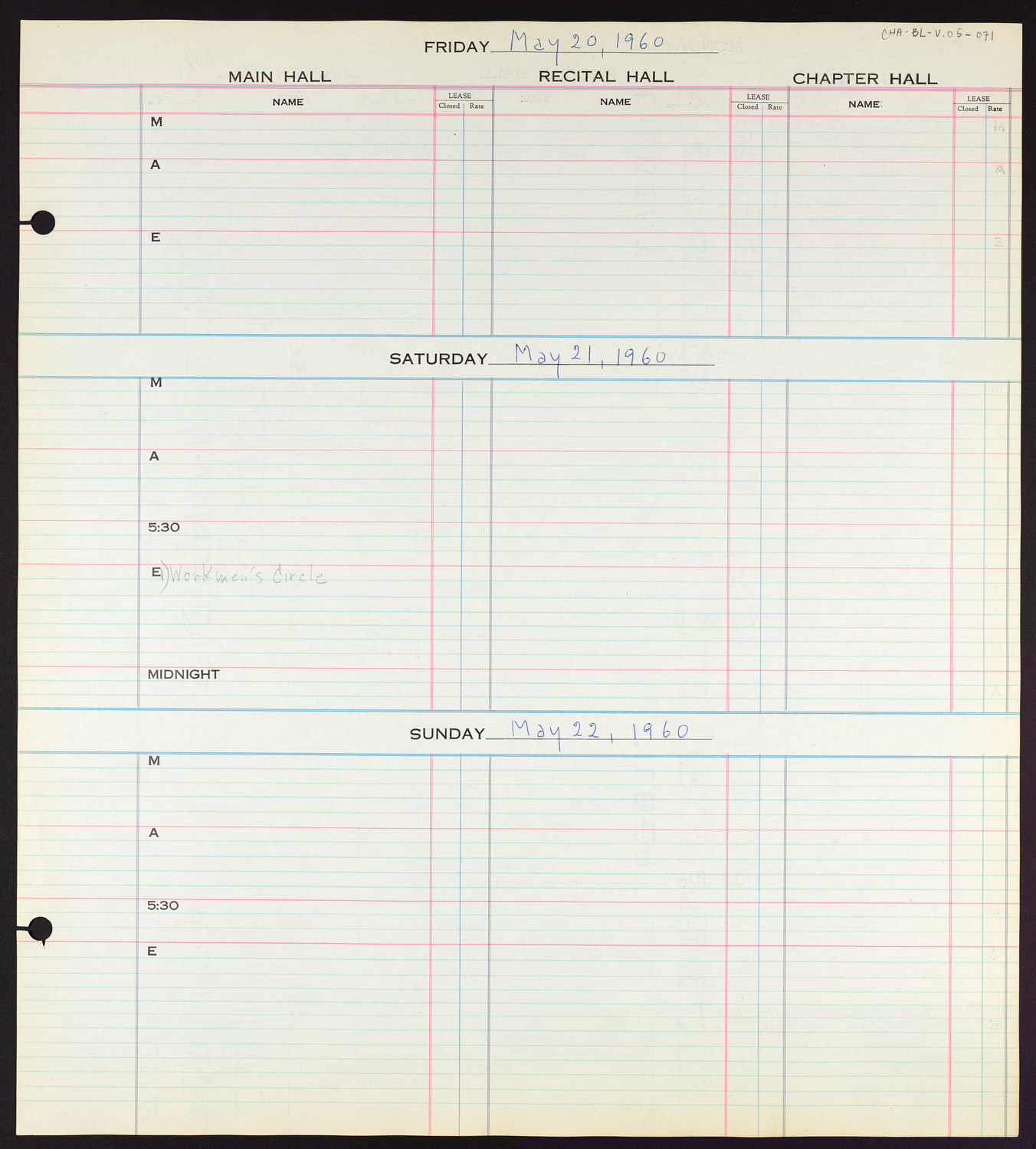 Carnegie Hall Booking Ledger, volume 5, page 71