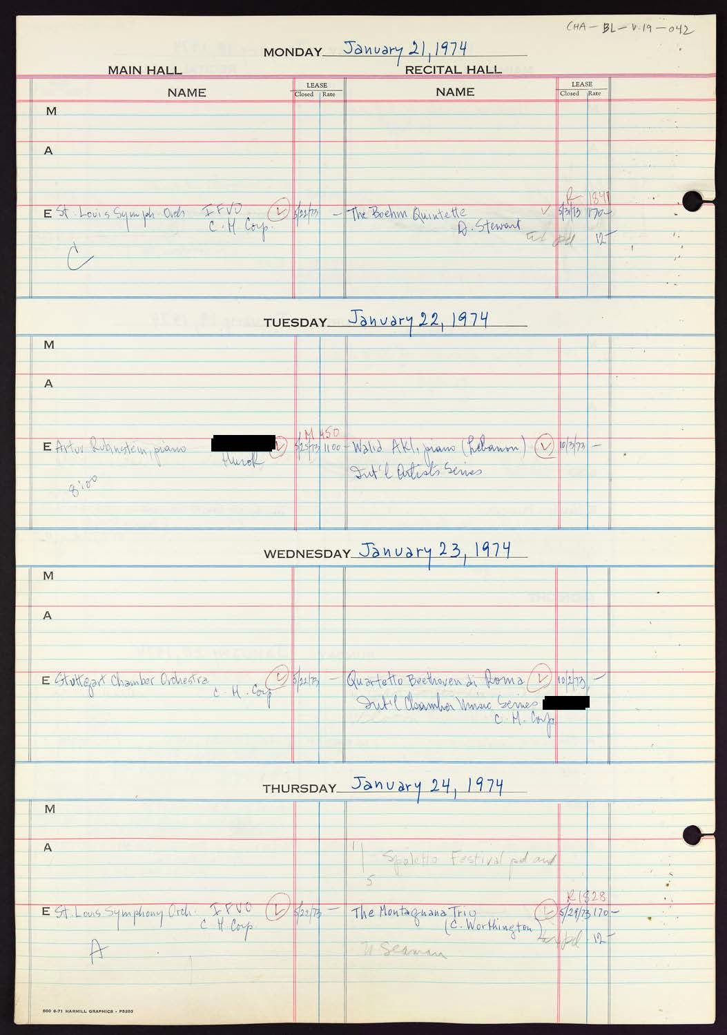 Carnegie Hall Booking Ledger, volume 19, page 42