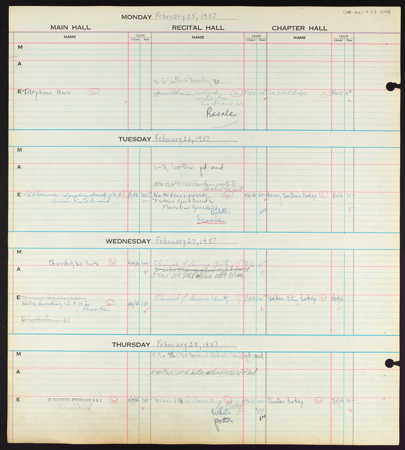 Carnegie Hall Booking Ledger, volume 2, page 44