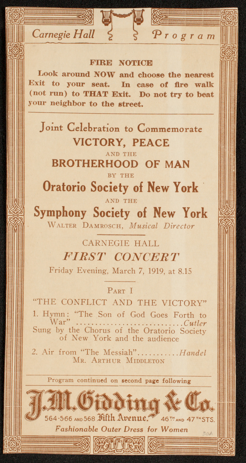 Peace Festival Concert, March 7, 1919, program page 1