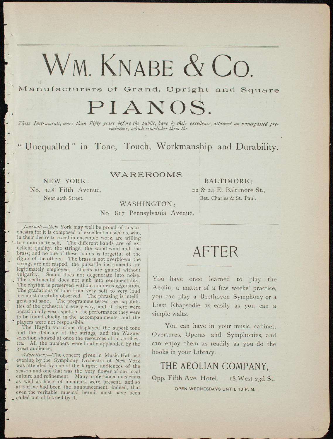 Metropolitan Musical Society, January 12, 1892, program page 3