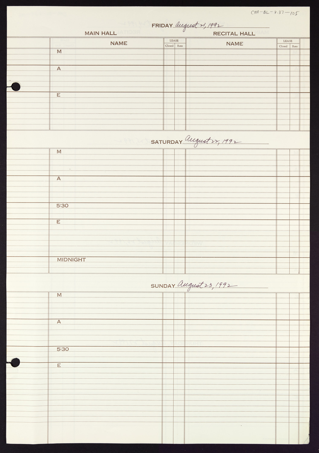 Carnegie Hall Booking Ledger, volume 37, page 105