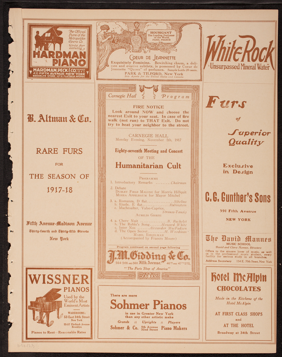 Meeting: The Humanitarian Cult, November 5, 1917, program page 5