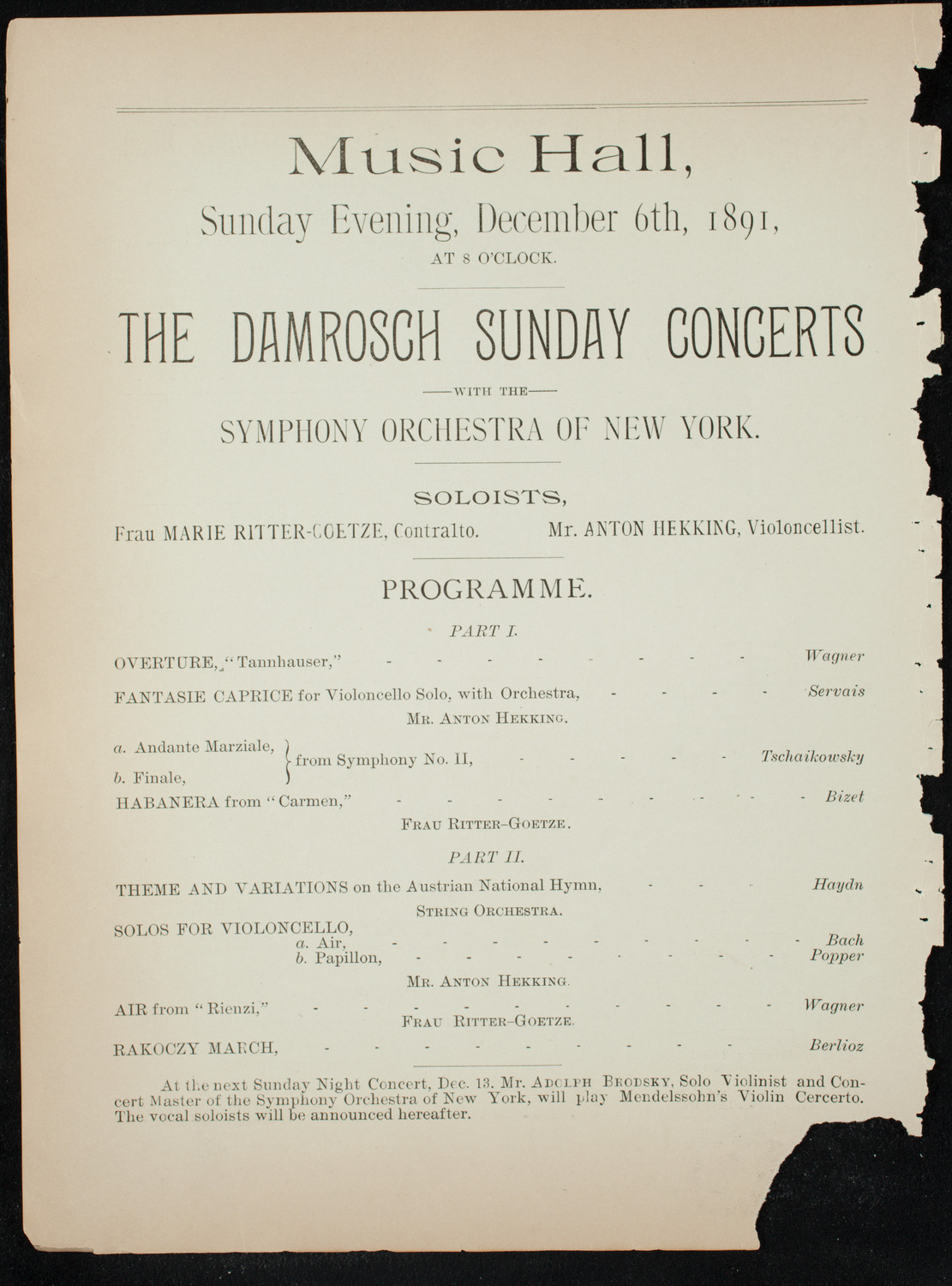 Damrosch Sunday Concert, December 6, 1891, program page 6
