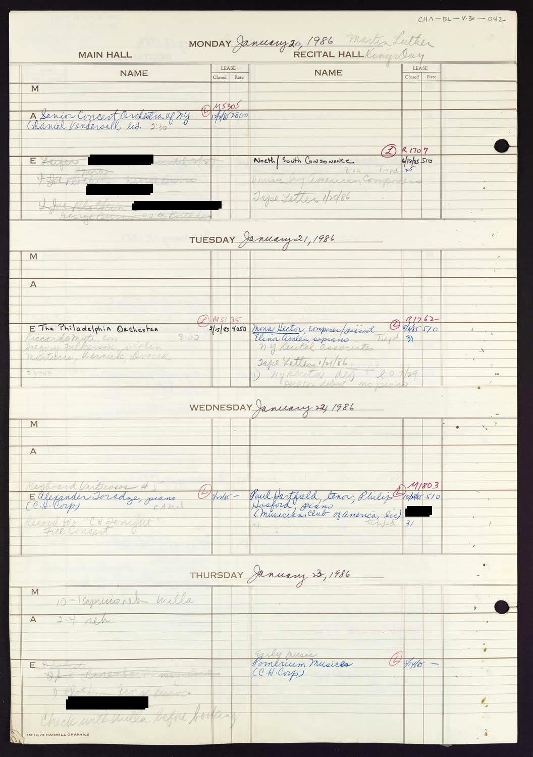 Carnegie Hall Booking Ledger, volume 31, page 42