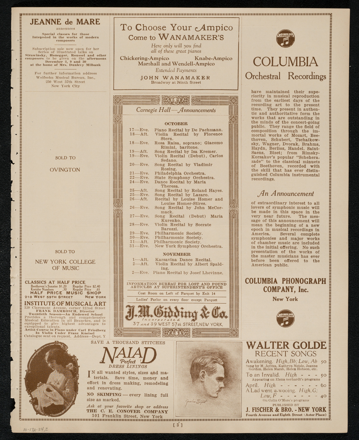 New York Philharmonic, October 17, 1924, program page 3