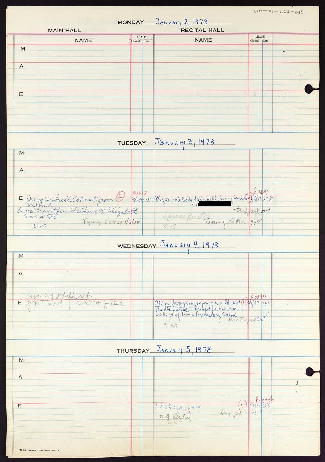 Carnegie Hall Booking Ledger, volume 23, page 40