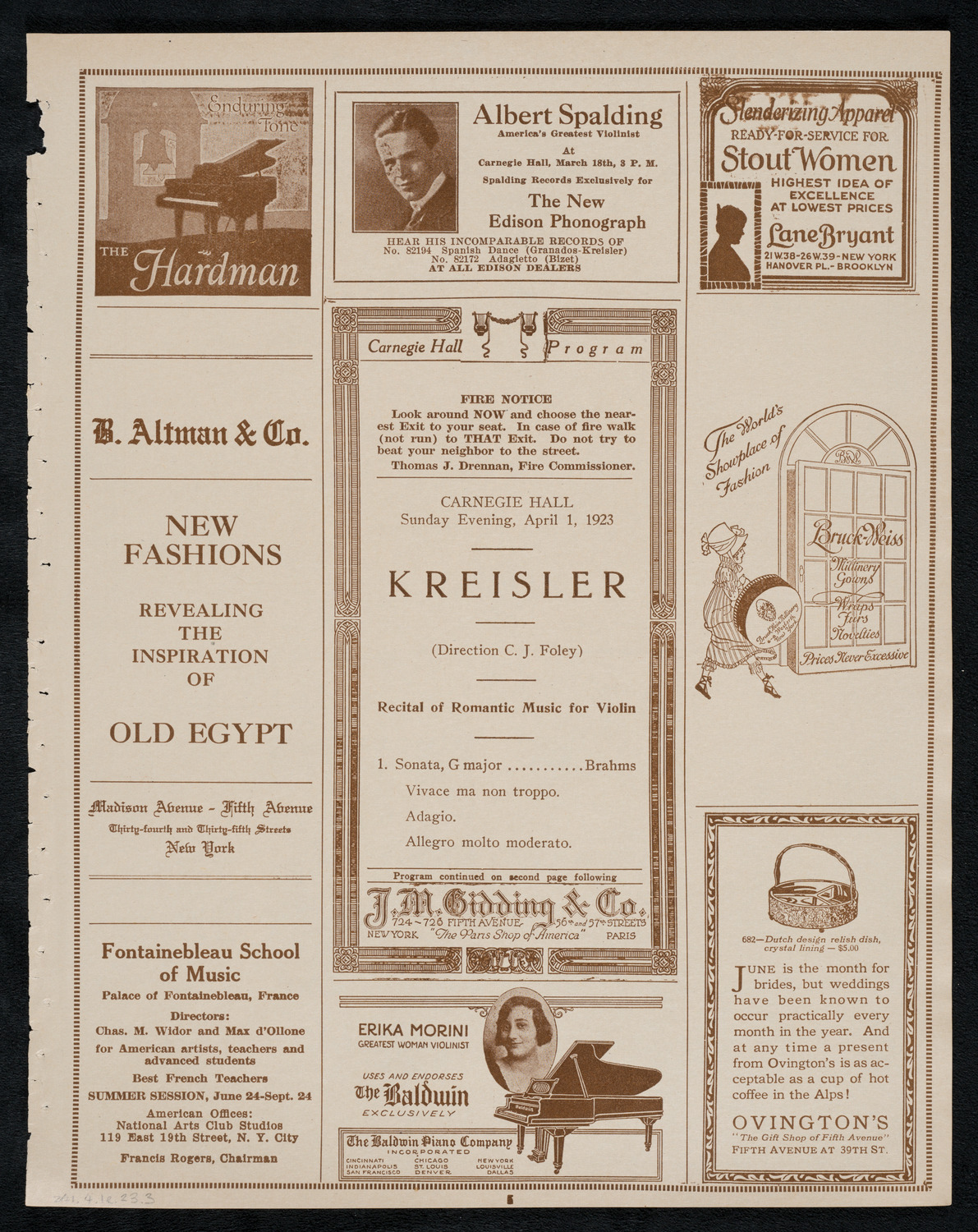 Fritz Kreisler, Violin, April 1, 1923, program page 5