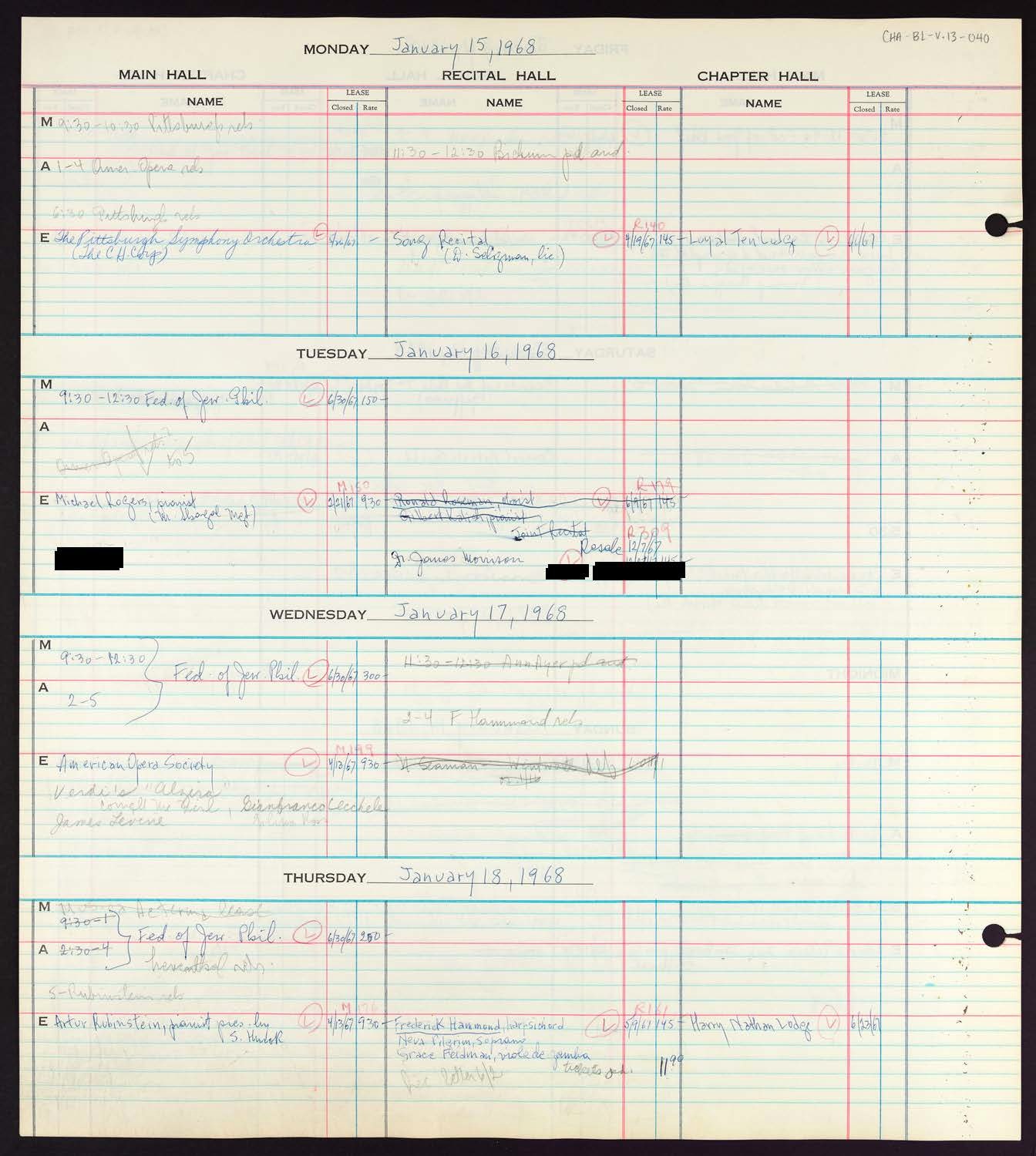 Carnegie Hall Booking Ledger, volume 13, page 40