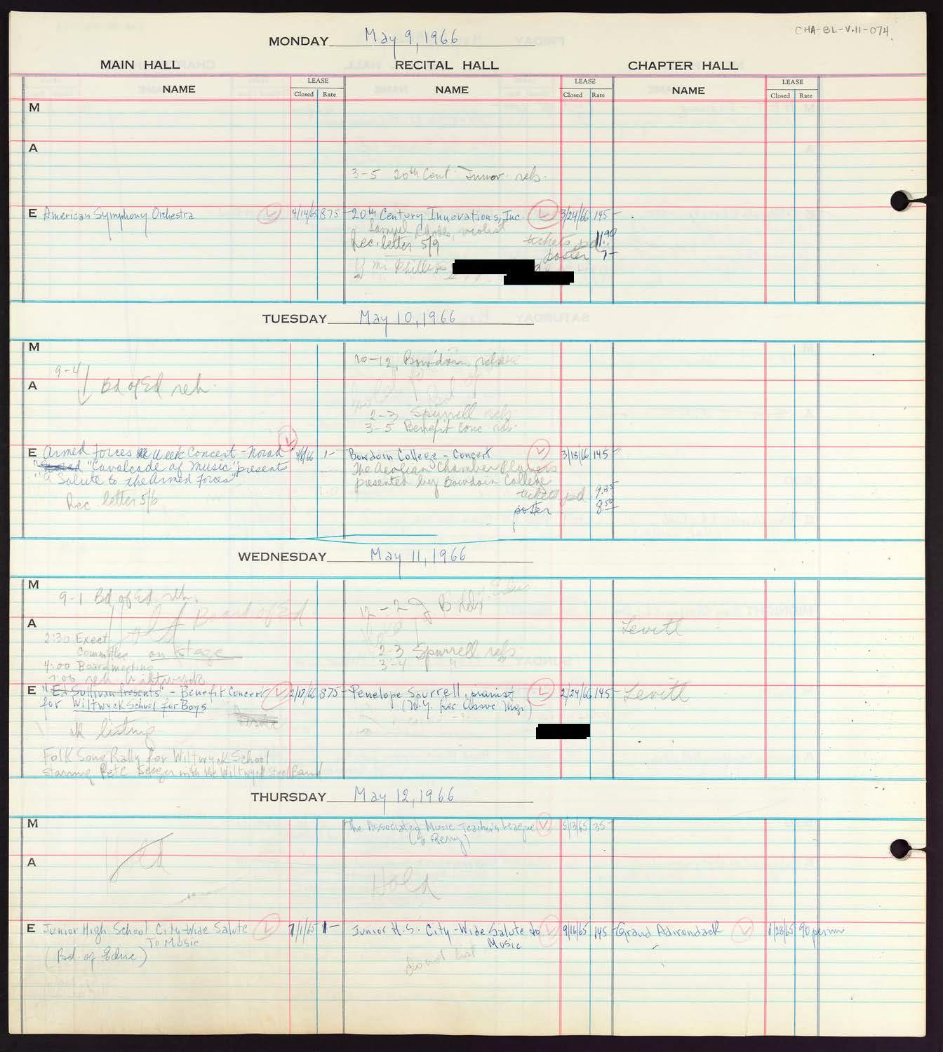 Carnegie Hall Booking Ledger, volume 11, page 74