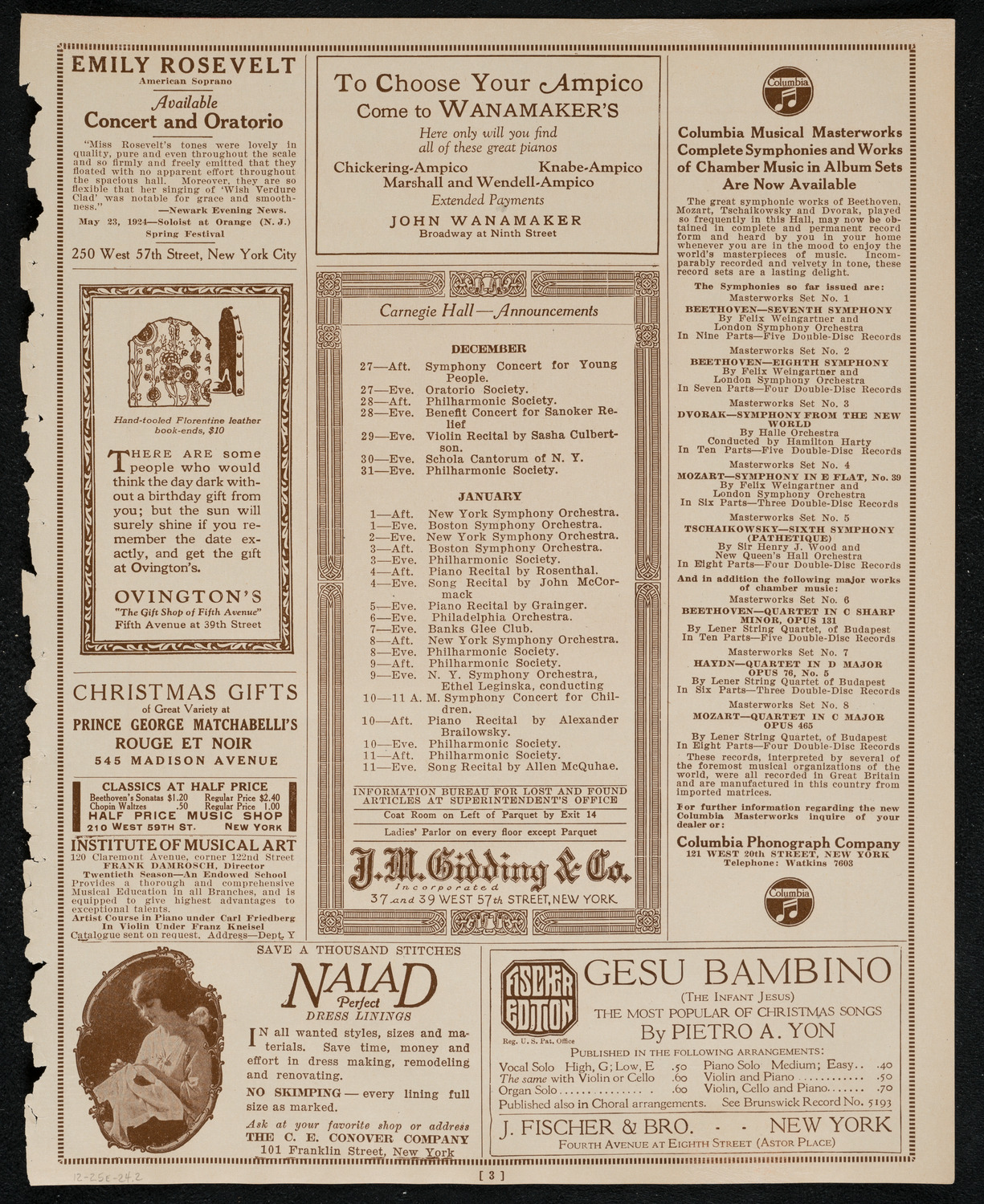 Oratorio Society of New York, December 25, 1924, program page 3