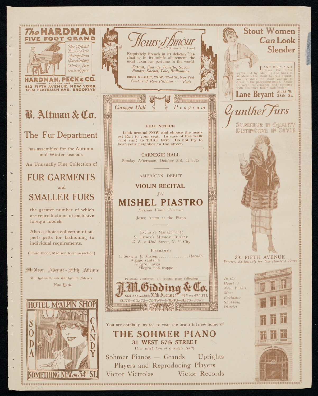 Mishel Piastro, Violin, October 3, 1920, program page 5