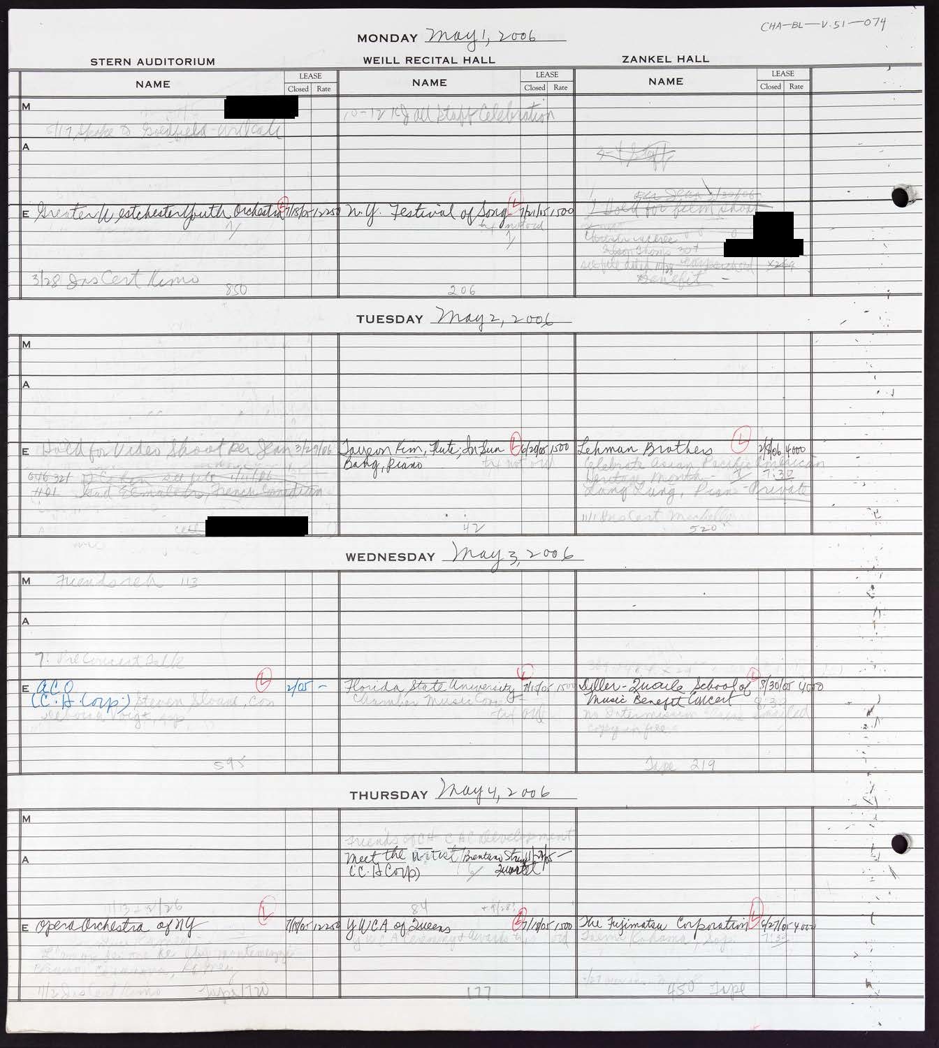 Carnegie Hall Booking Ledger, volume 51, page 74