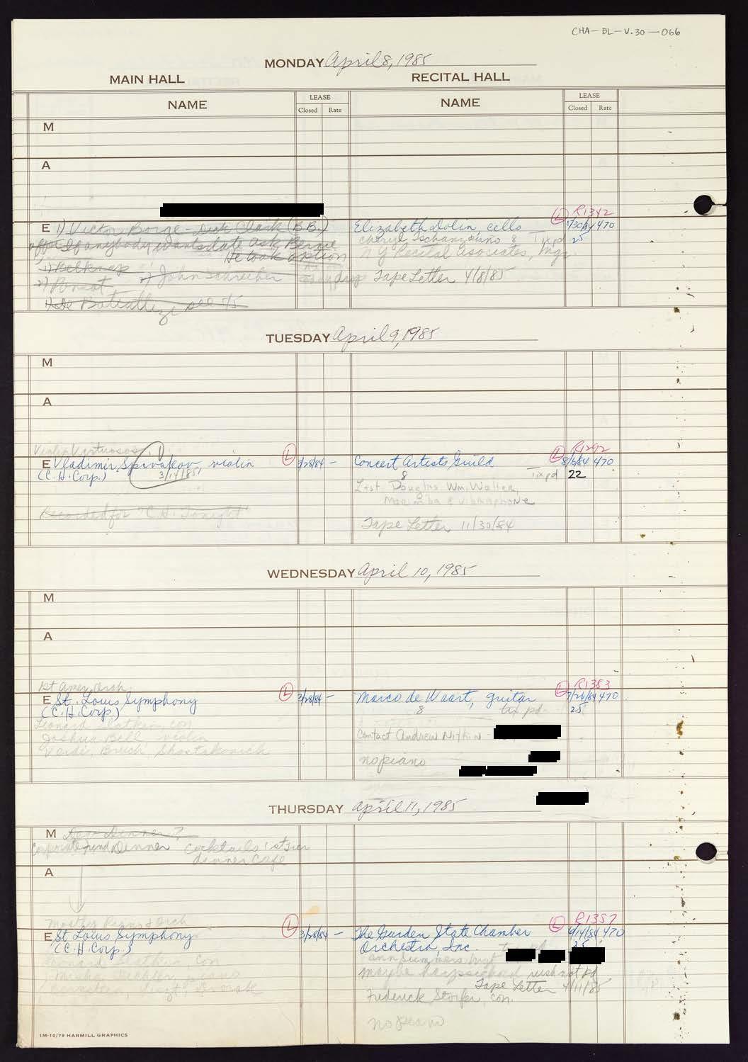 Carnegie Hall Booking Ledger, volume 30, page 66