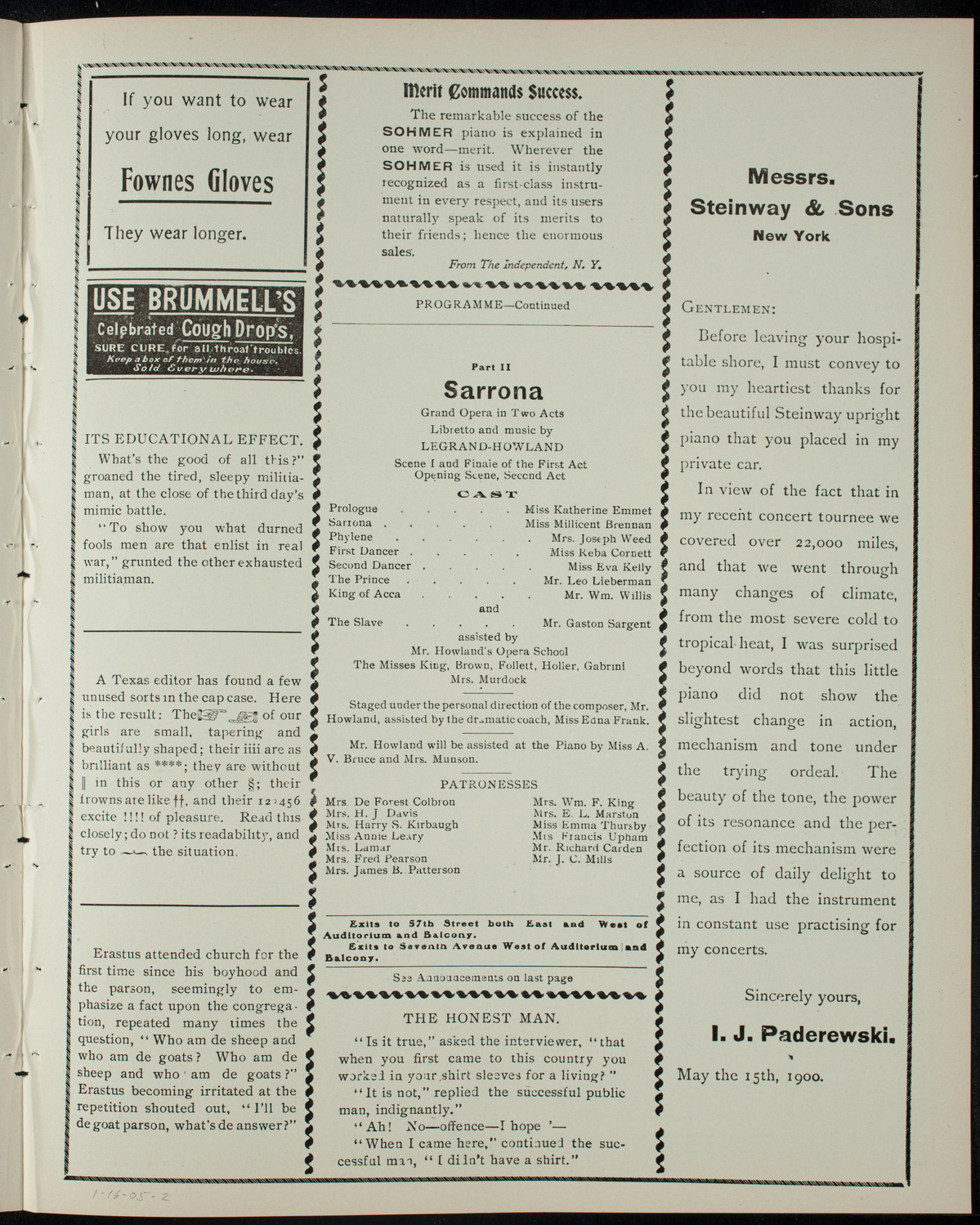 William Legrand Howland's "Sarrona", January 16, 1905, program page 3