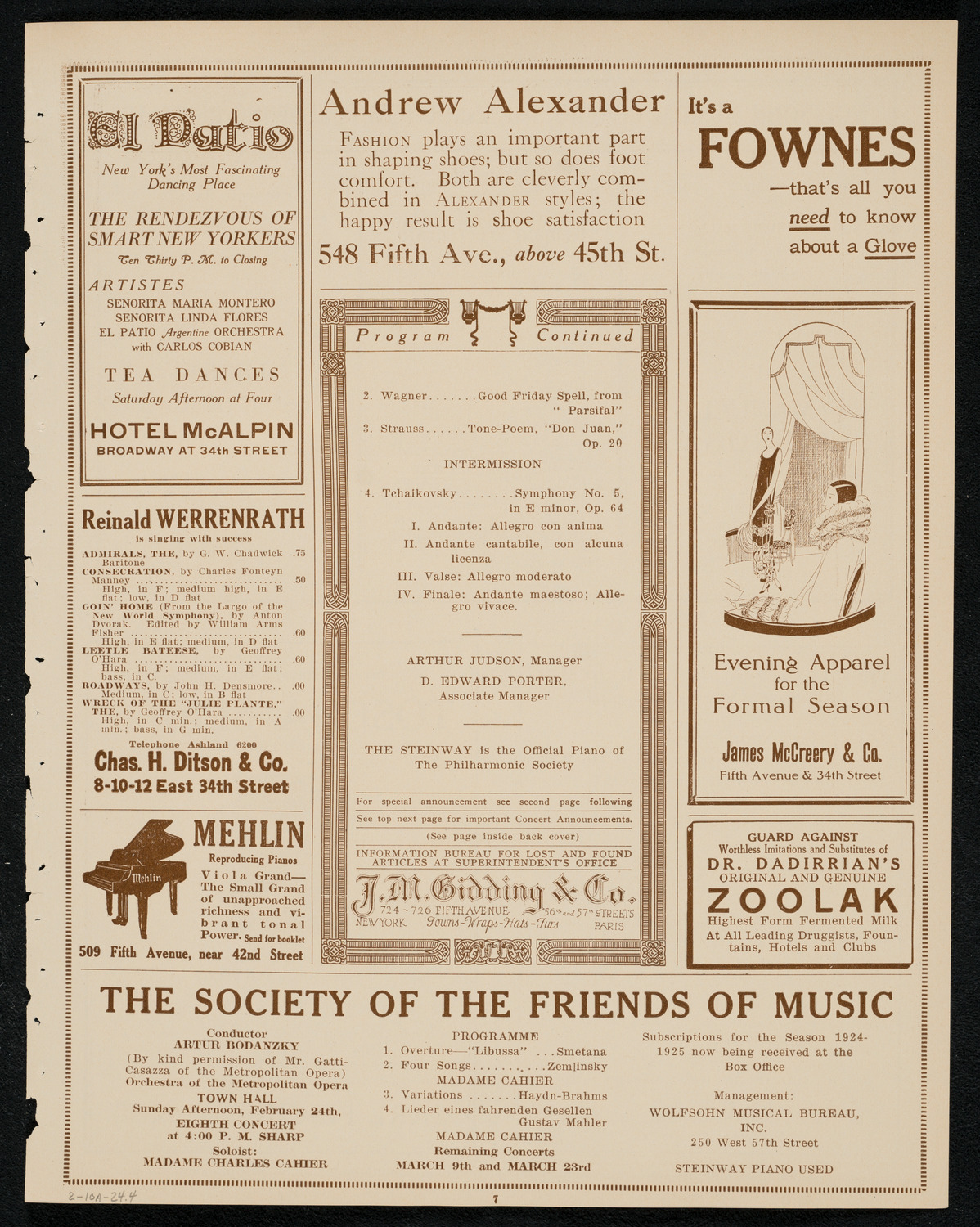 New York Philharmonic, February 10, 1924, program page 7