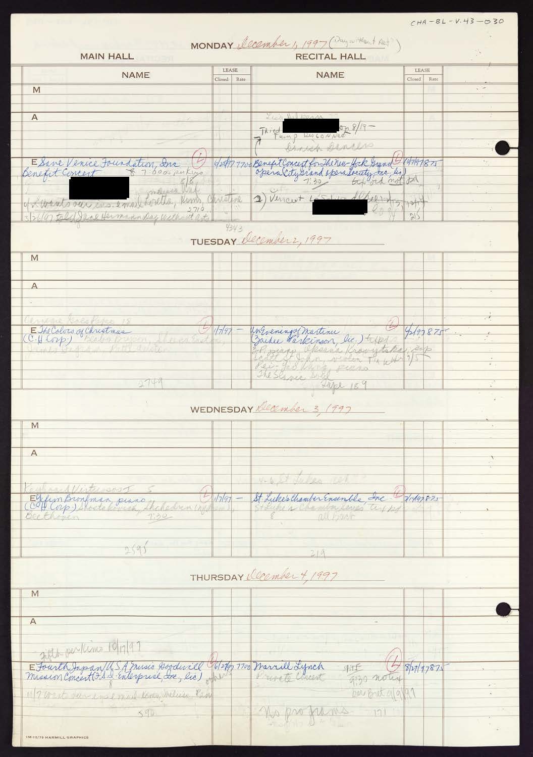 Carnegie Hall Booking Ledger, volume 43, page 30