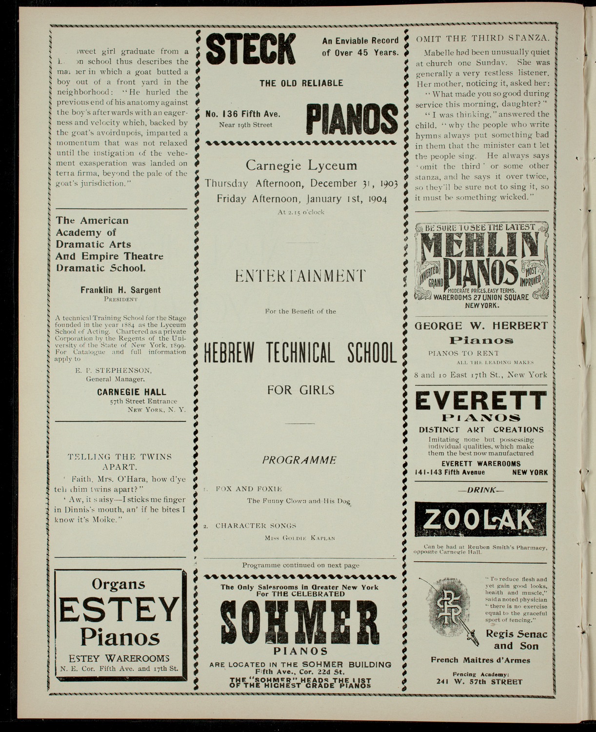 Benefit: Hebrew Technical School for Girls, December 31, 1903, program page 2