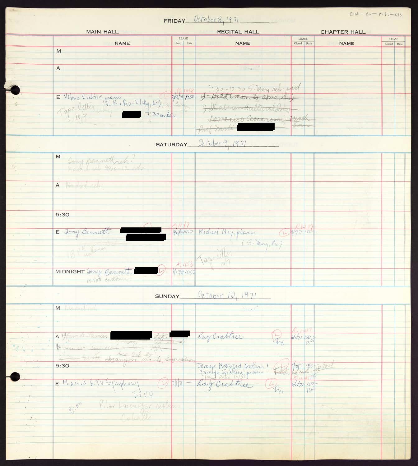 Carnegie Hall Booking Ledger, volume 17, page 13