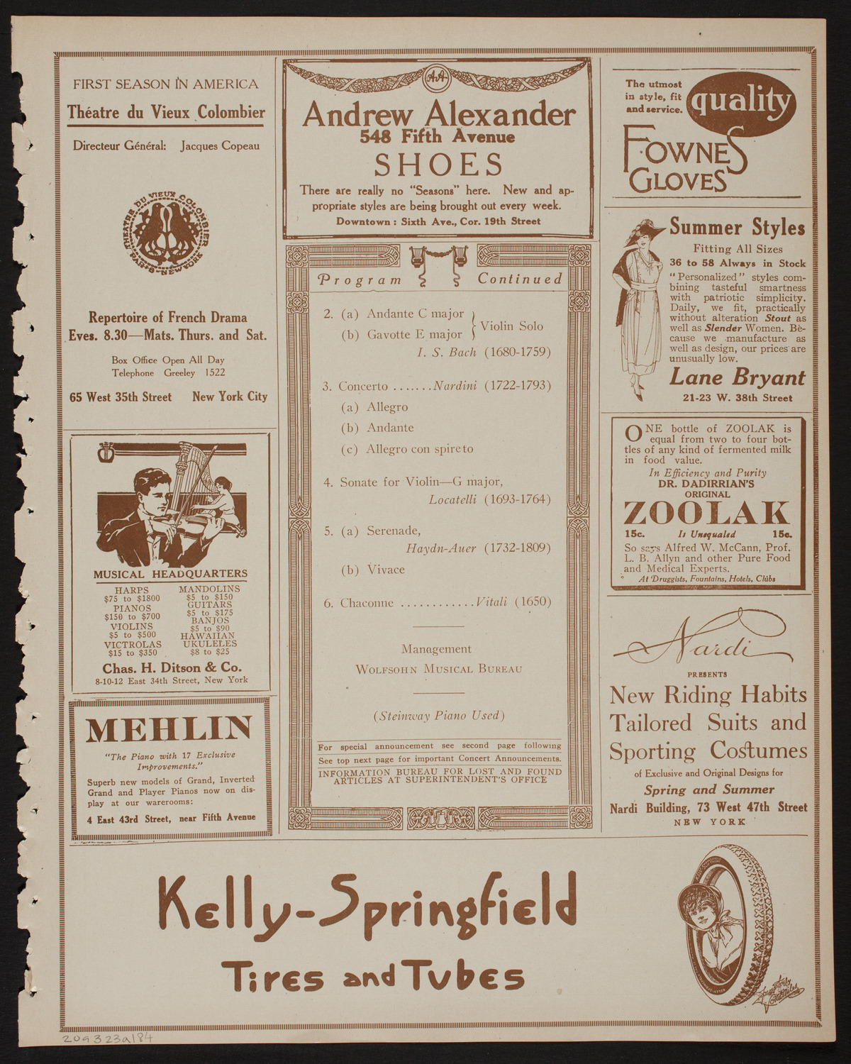 Leopold Auer, Violin, March 23, 1918, program page 7