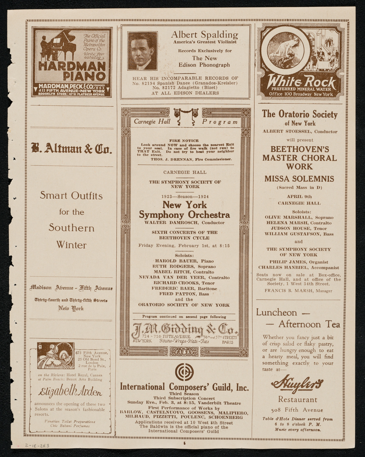 New York Symphony Orchestra: Beethoven Cycle, February 1, 1924, program page 5