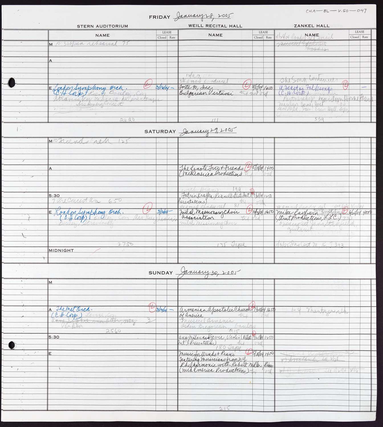 Carnegie Hall Booking Ledger, volume 50, page 47