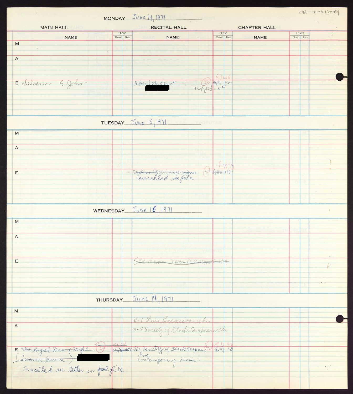 Carnegie Hall Booking Ledger, volume 16, page 84