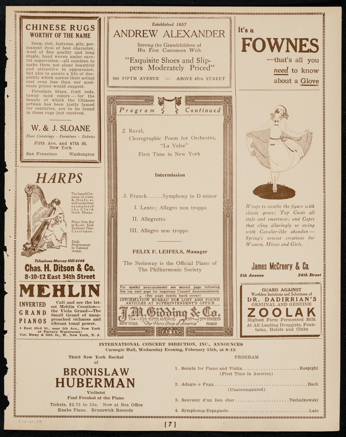 New York Philharmonic, February 10, 1922, program page 7