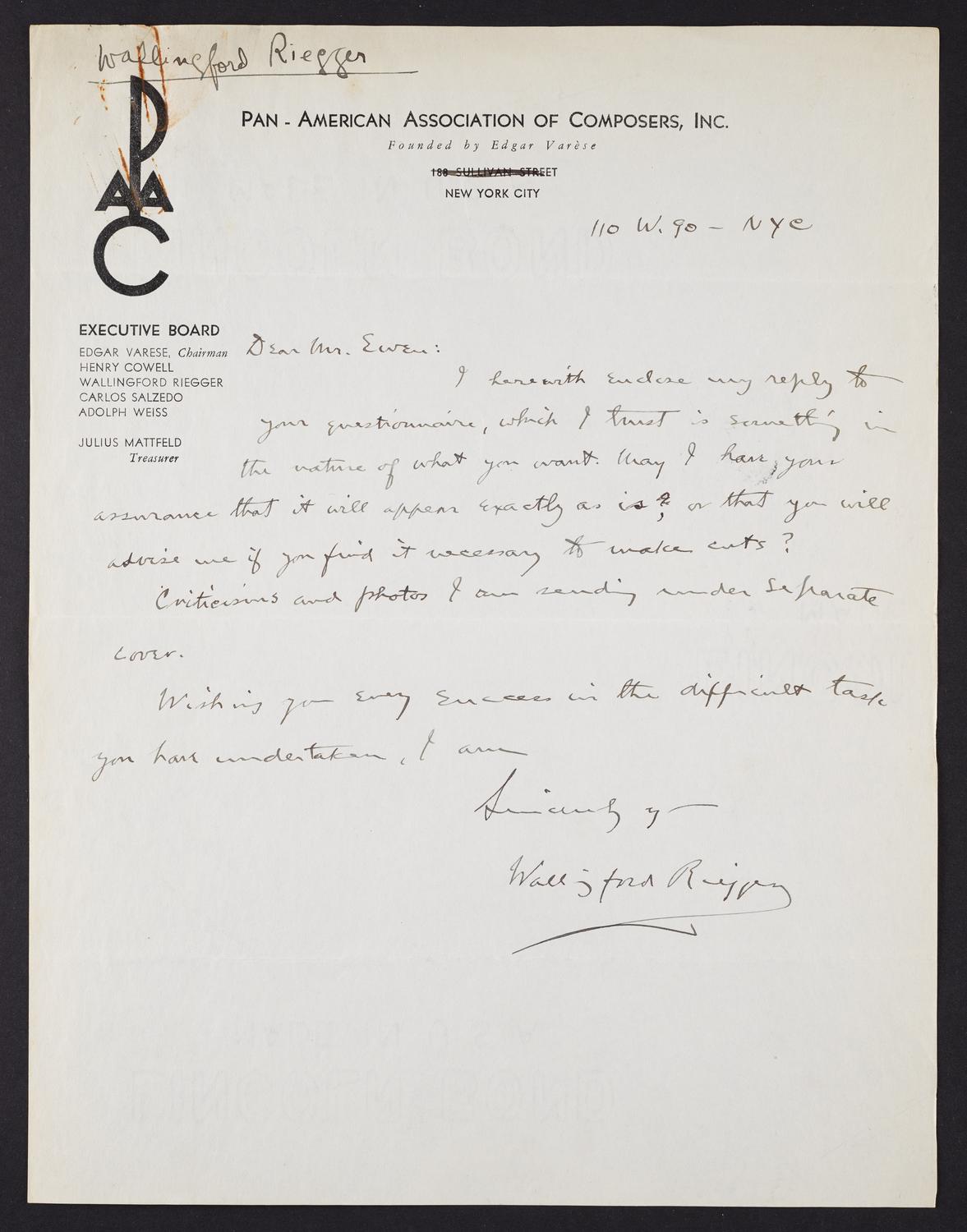 Correspondence from Wallingford Riegger to David Ewen, page 1 of 8