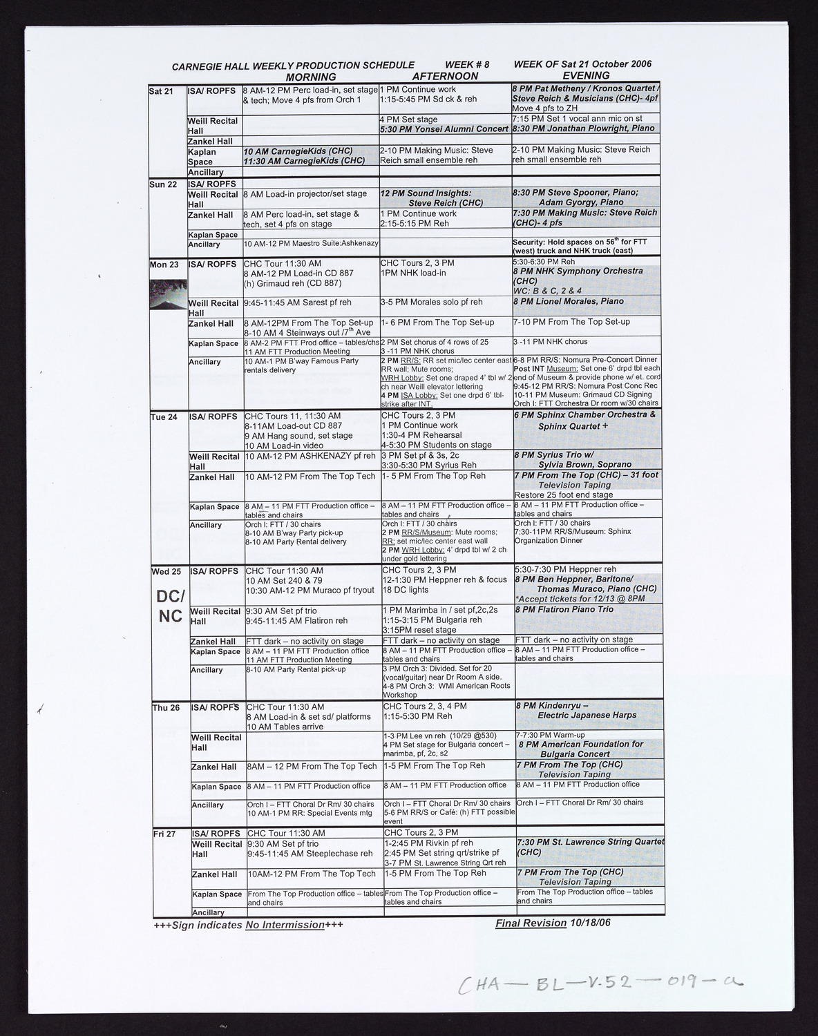 Carnegie Hall Booking Ledger, volume 52, page 19a