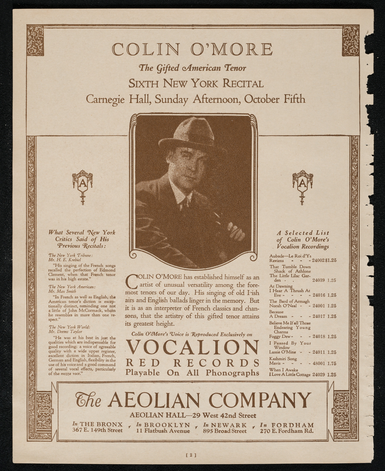 Colin O'More, Tenor, October 5, 1924, program page 2