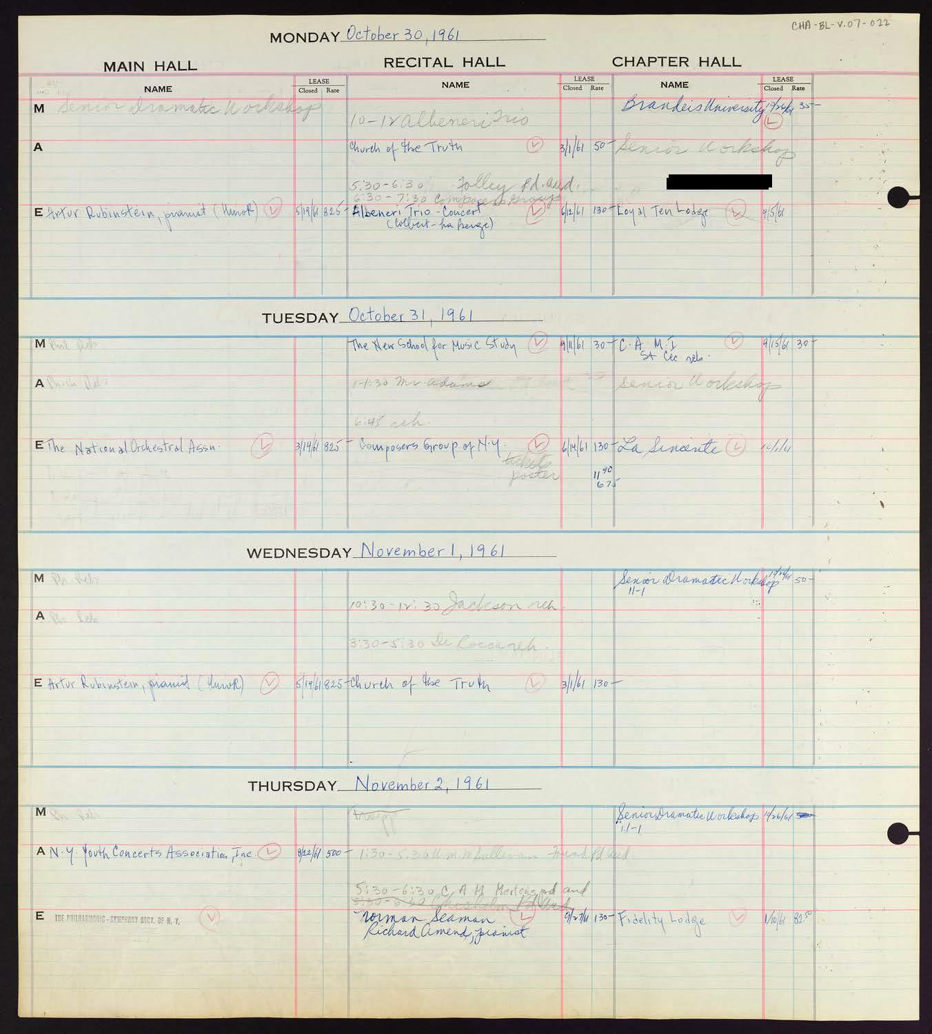 Carnegie Hall Booking Ledger, volume 7, page 22