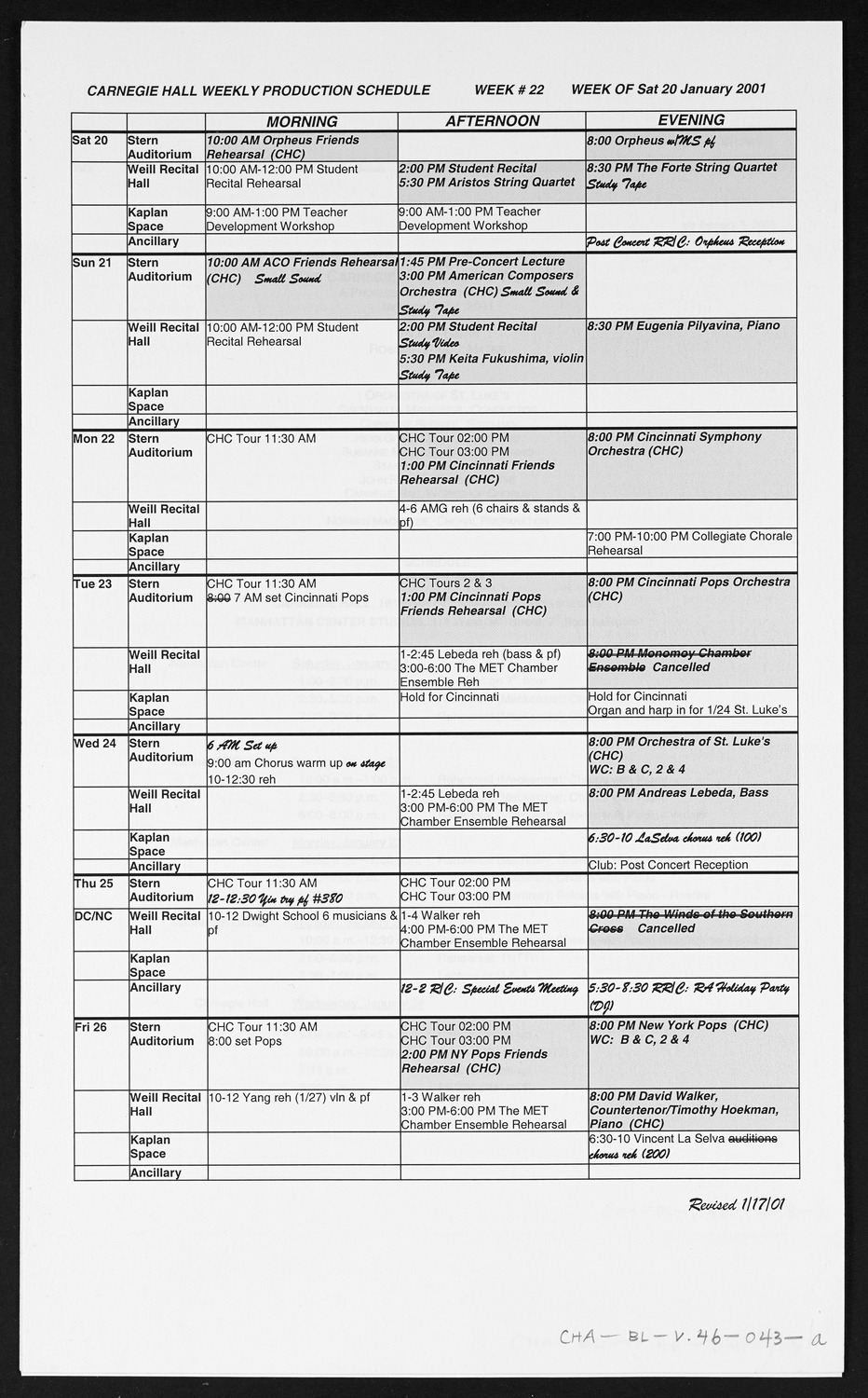 Carnegie Hall Booking Ledger, volume 46, page 43a