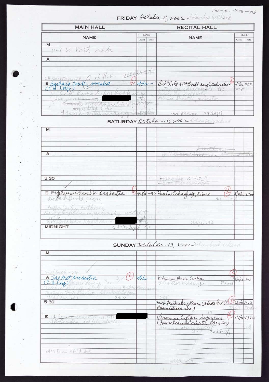 Carnegie Hall Booking Ledger, volume 48, page 15