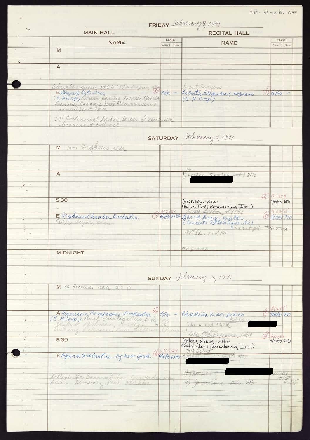 Carnegie Hall Booking Ledger, volume 36, page 49