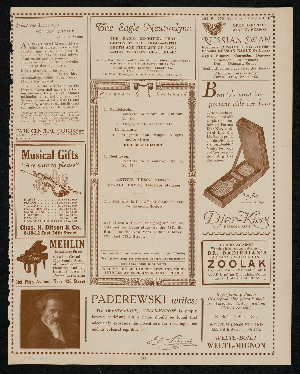 New York Philharmonic, December 17, 1925, program page 7