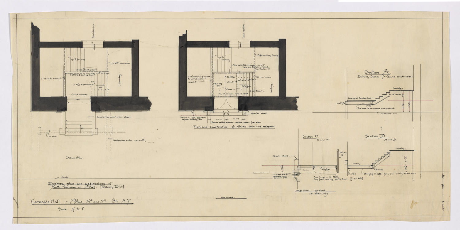 Existing plan and construction at north doorway on 7th Avenue (Balcony exit), October 15, 1916