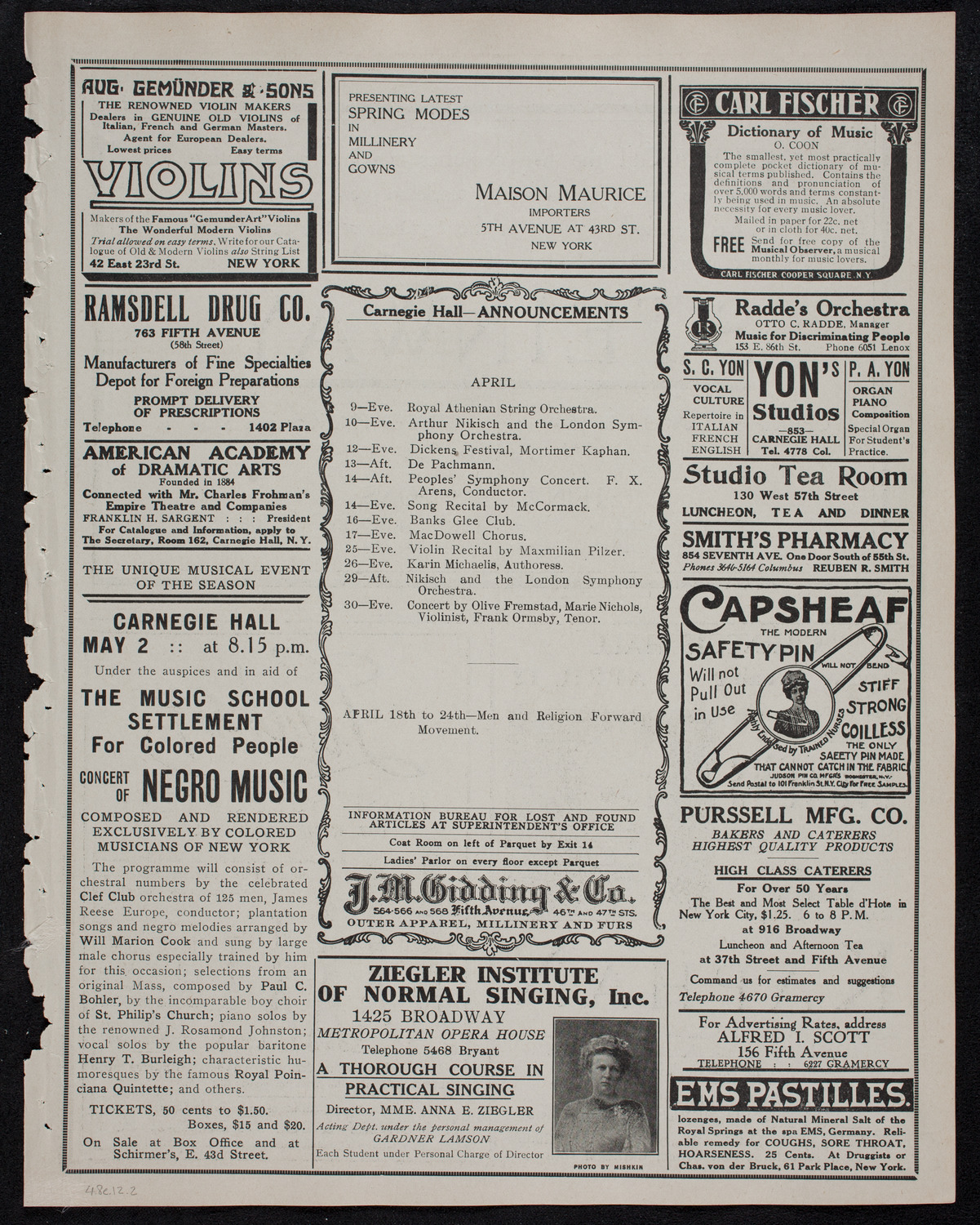 London Symphony Orchestra, April 8, 1912, program page 3