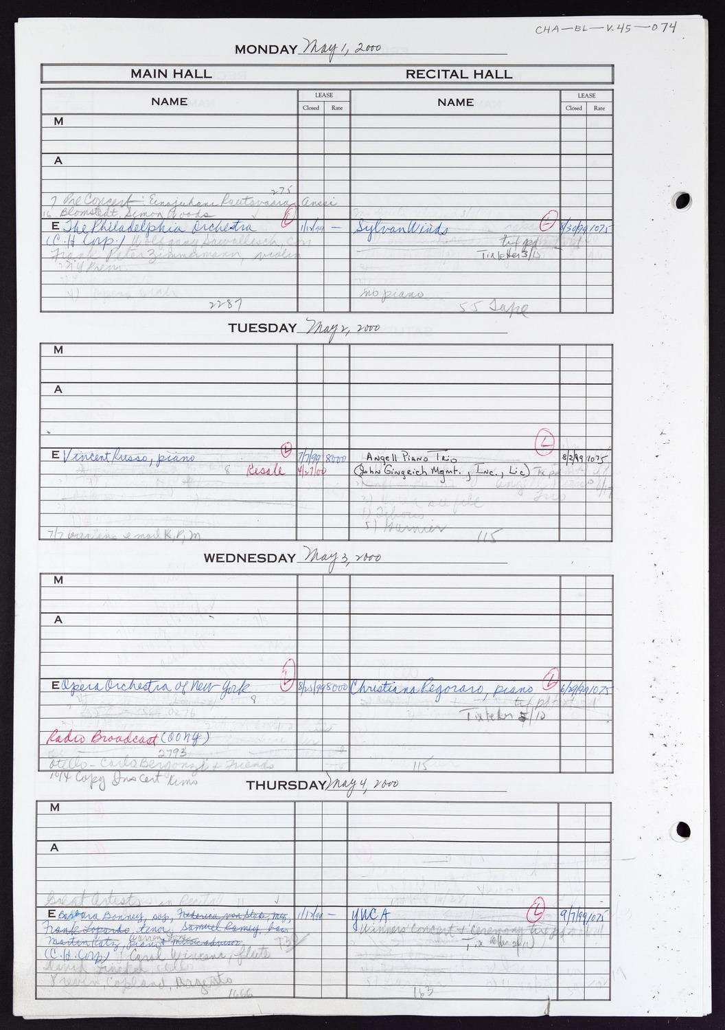 Carnegie Hall Booking Ledger, volume 45, page 74