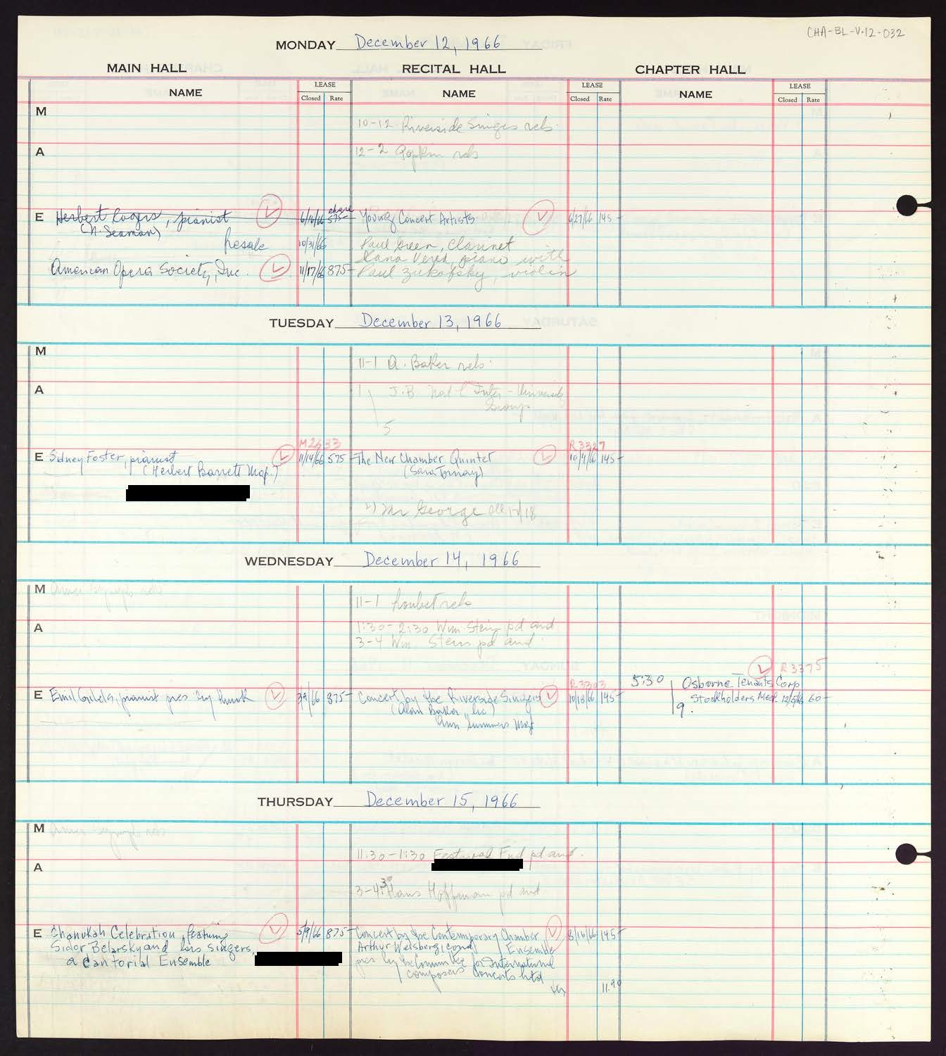 Carnegie Hall Booking Ledger, volume 12, page 32