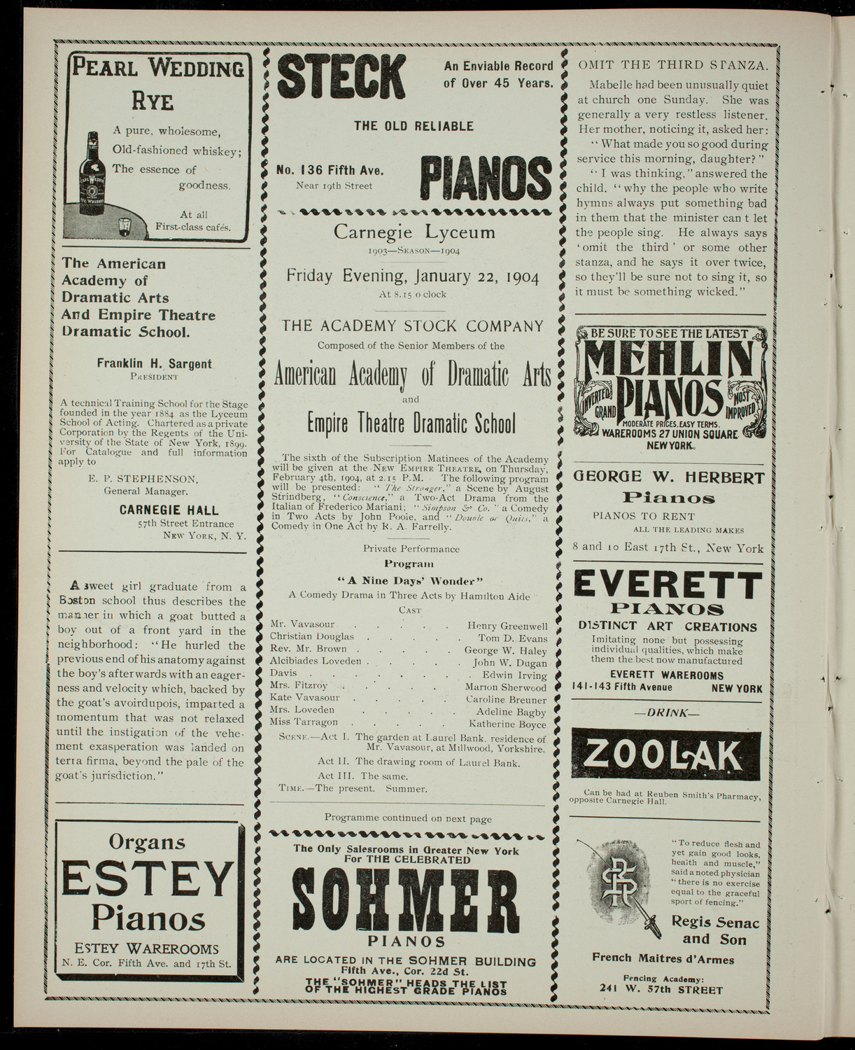 Academy Stock Company of the American Academy of Dramatic Arts/Empire Theatre Dramatic School, January 22, 1904, program page 2