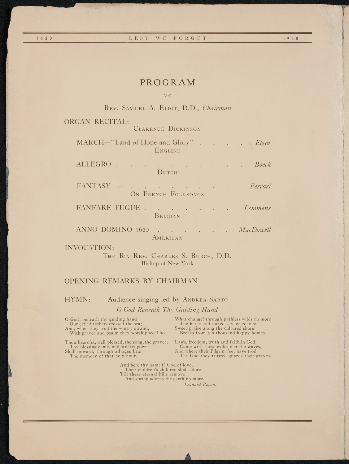 Three Hundredth Anniversary of the Landing of the Pilgrims, November 26, 1920, program page 2