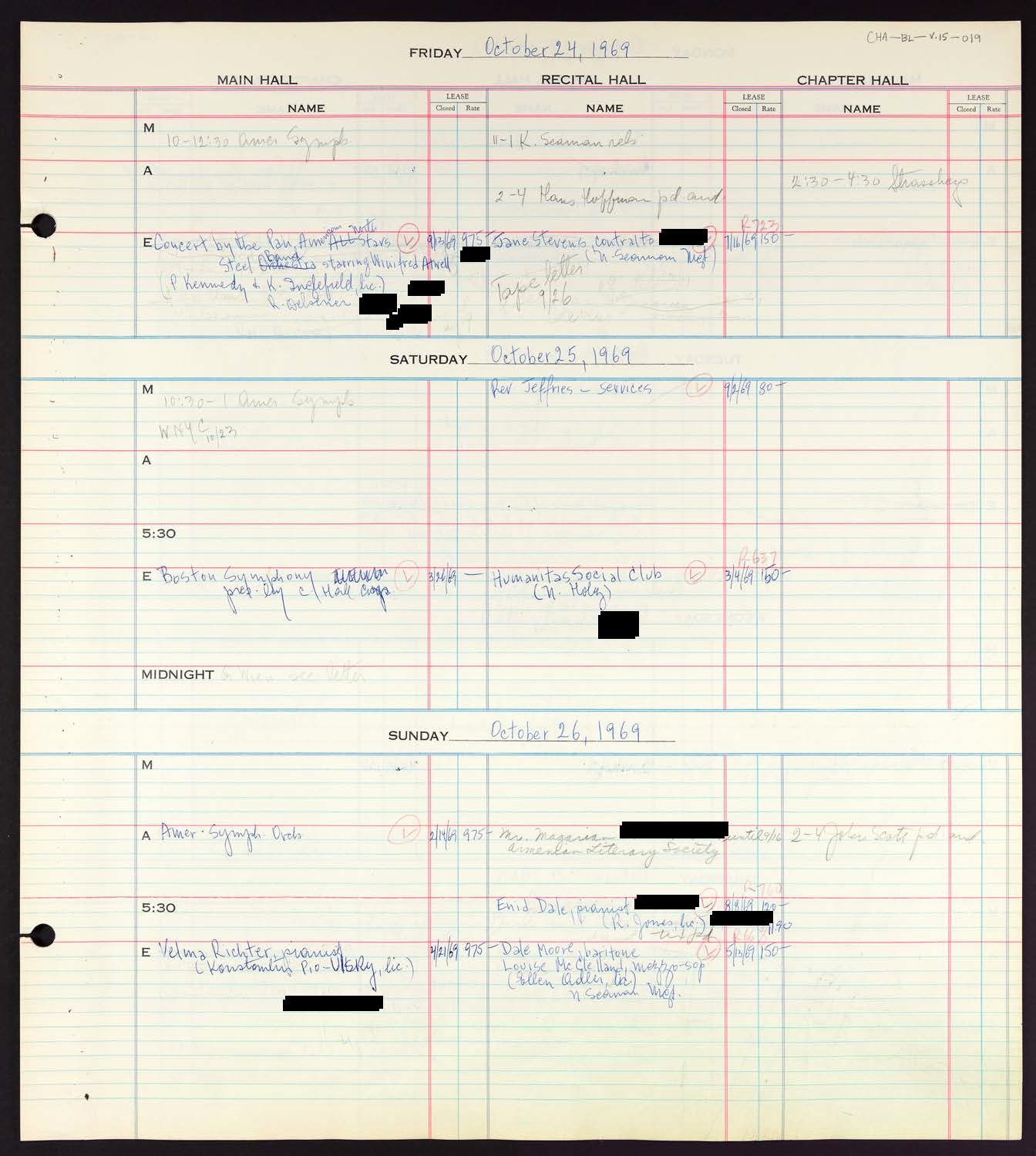 Carnegie Hall Booking Ledger, volume 15, page 19