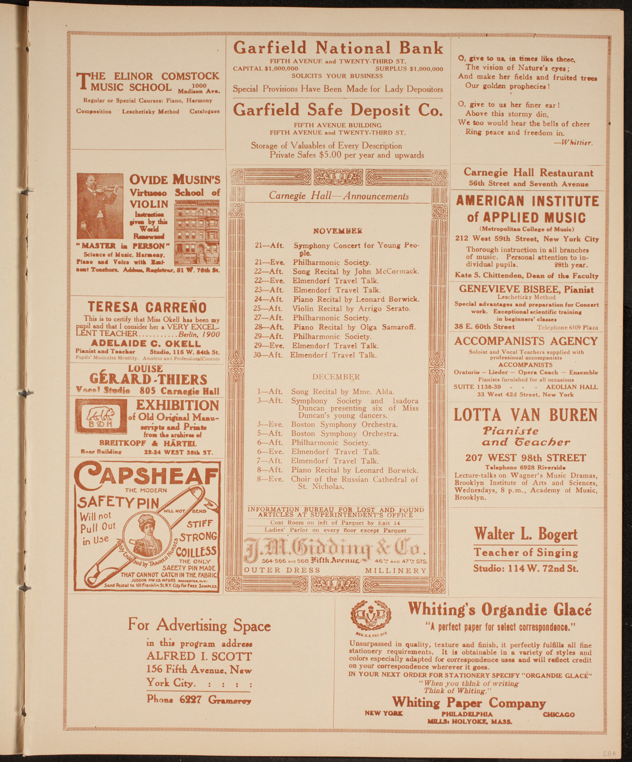 New York College of Music and New York German Conservatory of Music Faculty Concert, November 20, 1914, program page 3