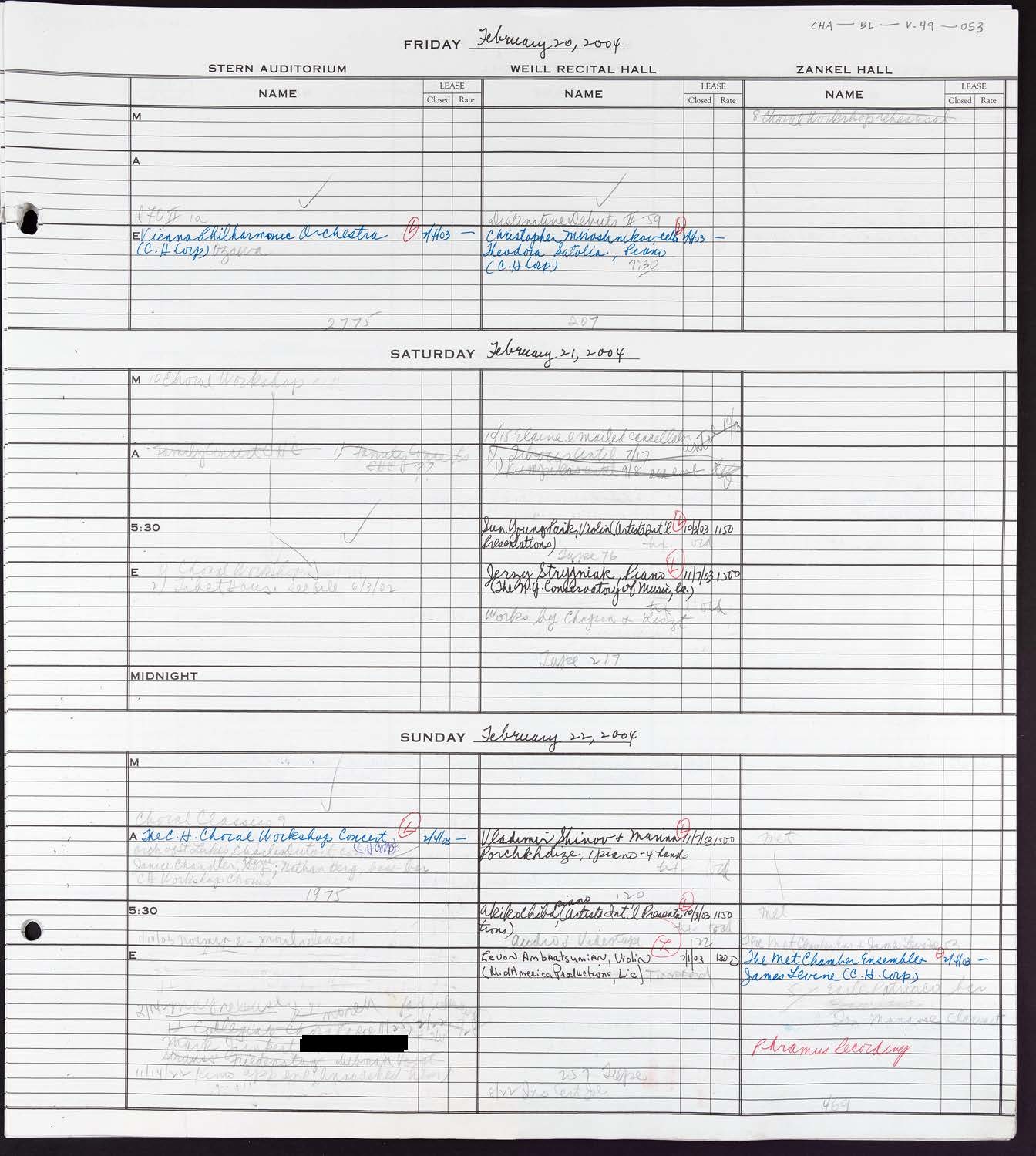 Carnegie Hall Booking Ledger, volume 49, page 53