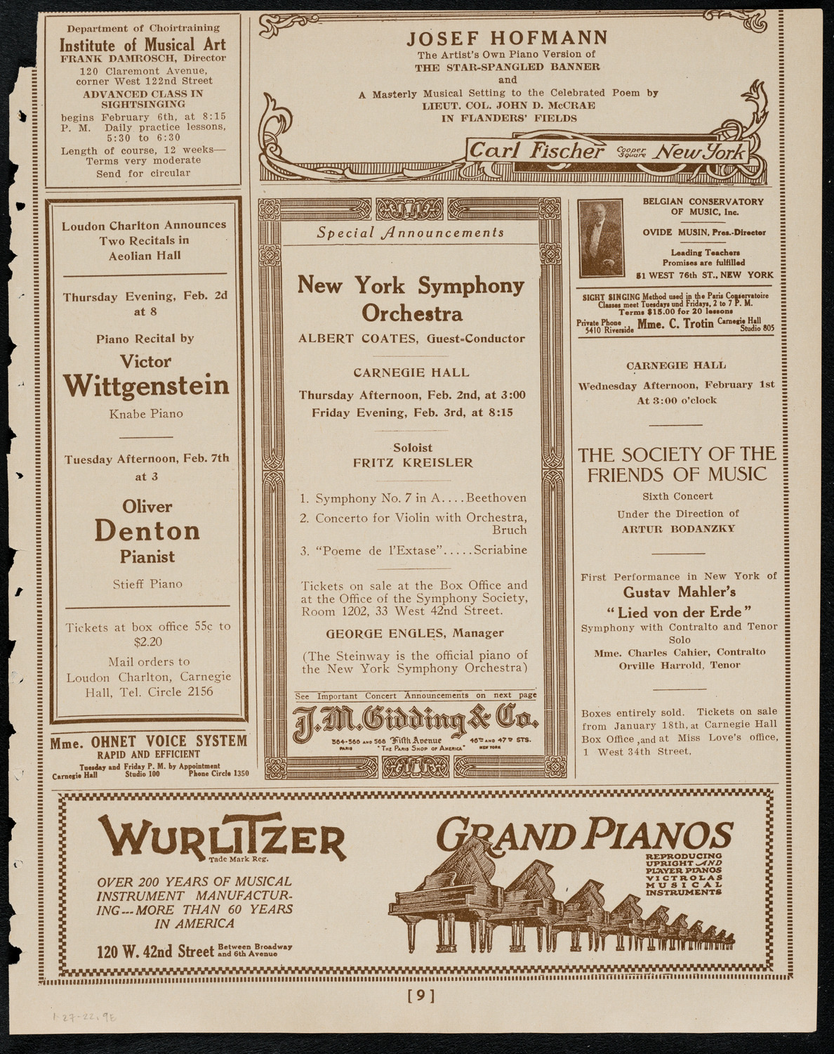 New York Symphony Orchestra, January 27, 1922, program page 9