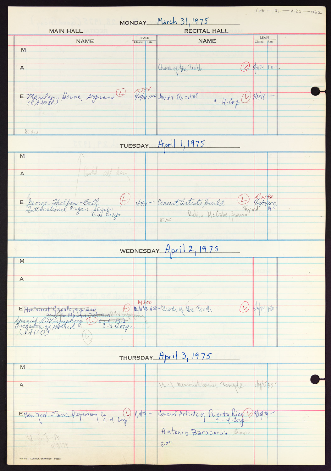 Carnegie Hall Booking Ledger, volume 20, page 62